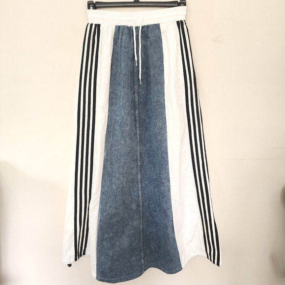 Unbranded Dresses & Skirts - Denim and Track Stripe Mixed Media Maxi Skirt Blue White Sporty Streetwear